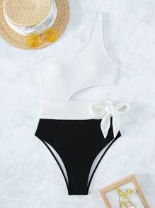 SHEIN Swim 夏季海滩双色镂空结侧单肩连体泳衣性感连体泳衣白色泳衣 - 黑與白 - 查看 3