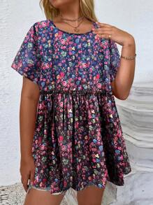 Allover Floral Print Smock Blouse - Multicolor - View 1