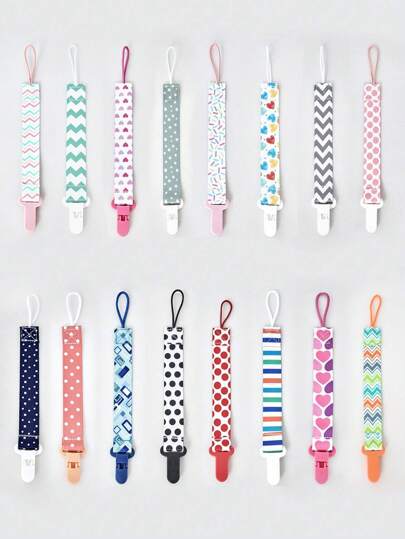 1条齿形双面花卉奶嘴链。颜色随机。带扣环和防缠绕设计，可防止奶嘴、牙胶、玩具丢失、首饰缠绕颈部或掉落造成窒息危险。非常适合新生儿。