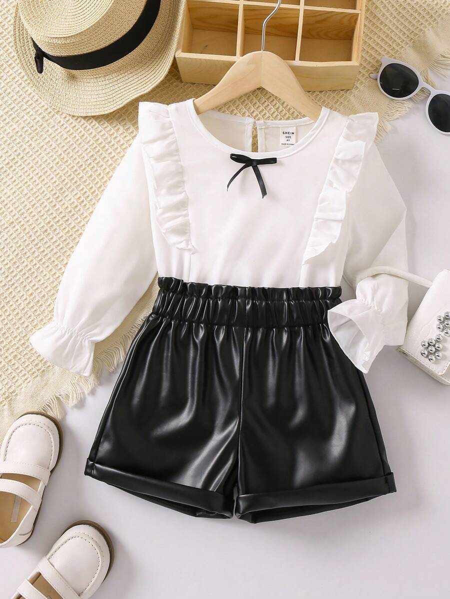 SHEIN Cô Gái Trẻ Viền Ruffle tay áo lá sen Áo & Nếp gấp cao eo Quần short - Đen và trắng - Xem 1