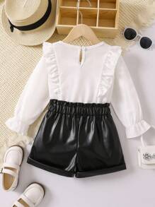SHEIN Cô Gái Trẻ Viền Ruffle tay áo lá sen Áo & Nếp gấp cao eo Quần short - Đen và trắng - Xem 2