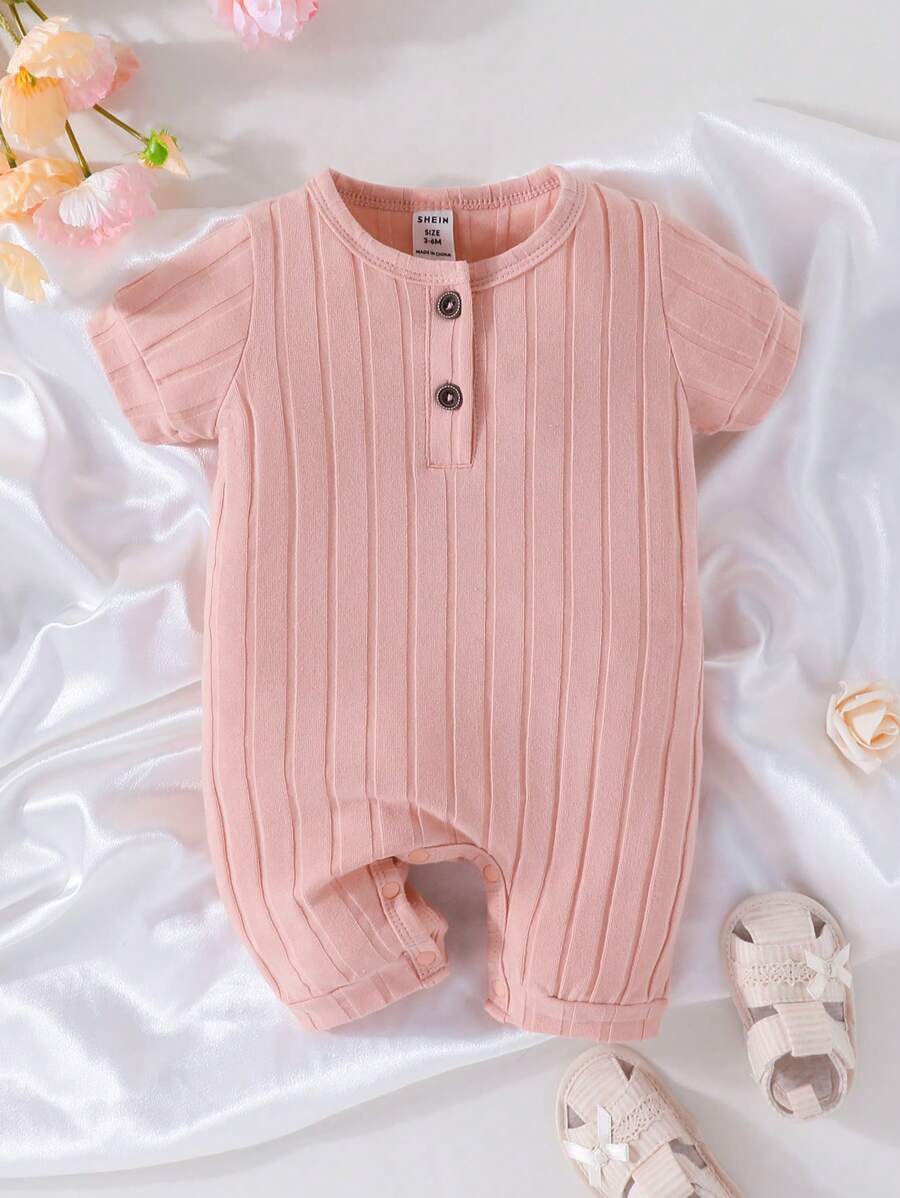 Đứa bé gái Chất rắn Đồ đan Ribbed Áo liền thân - Hồng - Xem 1