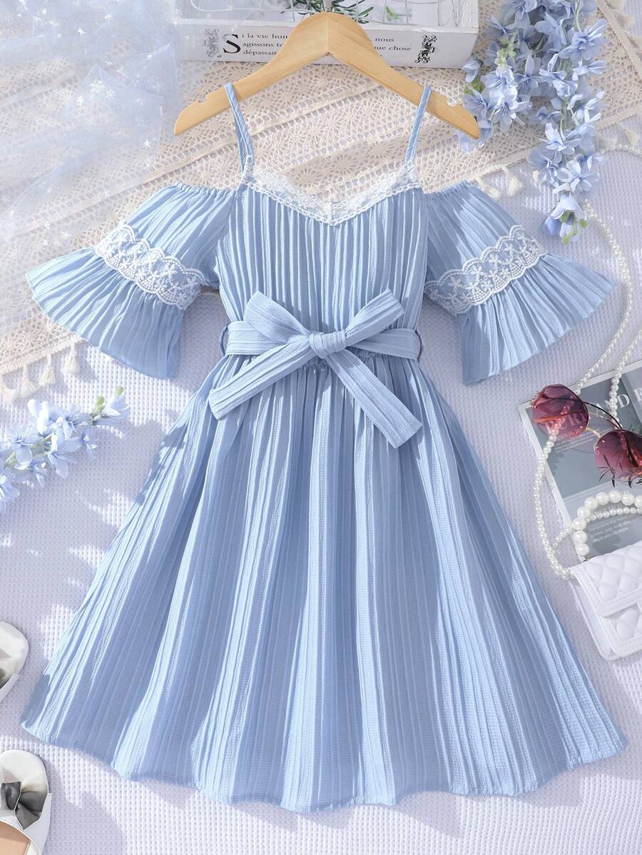 Đầm Gái Thắt lưng Tương phản ren Xù màu trơn Dễ thương - Màu xanh nhạt - Xem 1