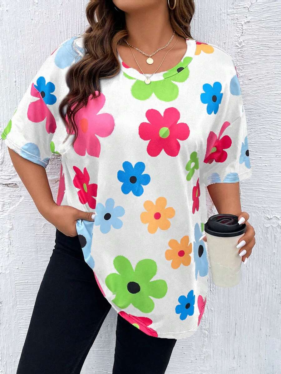 SHEIN Qutie 加大花卉印花落肩 T 恤 图案 T 恤 女式上衣 - 白色 - 查看 1