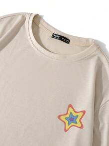 ROMWE MEN Street Life Men Star & Slogan Graphic Y2k T-Shirt - Beige - View 3