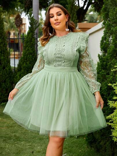 Simplee Plus Size Women's Round Neck Long Sleeve Lace & Mesh Patchwork Mini Dress, Party Dress, Birthday Dress