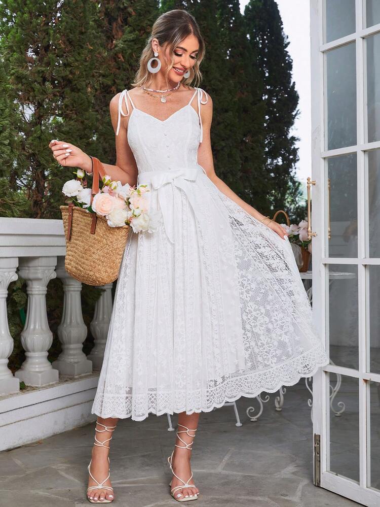 Simplee Tie Shoulder Belted Lace Cami Dress - White - View 4
