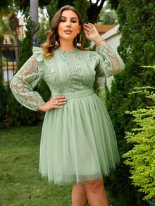 Simplee Plus Size Women's Round Neck Long Sleeve Lace & Mesh Patchwork Short Dress, Party Dress, Birthday Dress