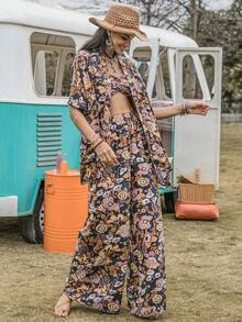 Rusttydustty Bộ đồ hai mảnh nữ Dây kéo Xù Hoa Tất cả trên in Boho - Nhiều màu - Xem 3
