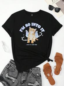 SHEIN LUNE Cat & Slogan Graphic Tee - Black - View 1