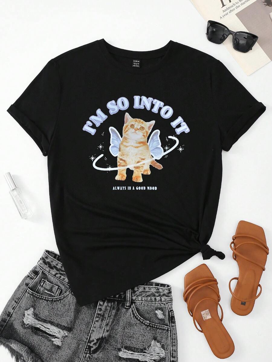 SHEIN LUNE Cat & Slogan Graphic Tee - Black - View 1