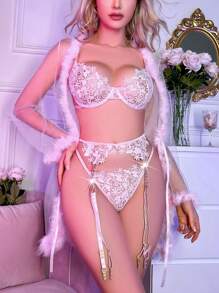 Floral Lace Underwire Garter Lingerie Set - Pink - View 6