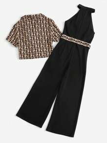 SHEIN Essnce Conjunto de camisa de manga corta con patrón de letras impresas completas para mujer y mono de cuello halter con cinturón, 2 piezas - Multicolor - Ver 2