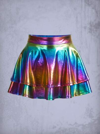 Holographic Two Layer Hem Metallic Skirt