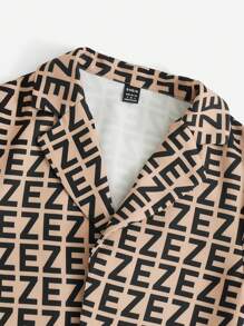 SHEIN Essnce Conjunto de camisa de manga corta con patrón de letras impresas completas para mujer y mono de cuello halter con cinturón, 2 piezas - Multicolor - Ver 5