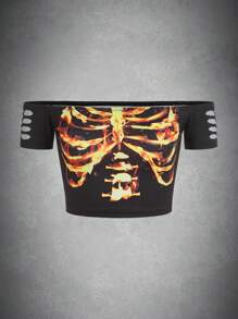 ROMWE PUNK Camiseta crop estampado de esqueleto de hombros descubiertos - Negro - Ver 1