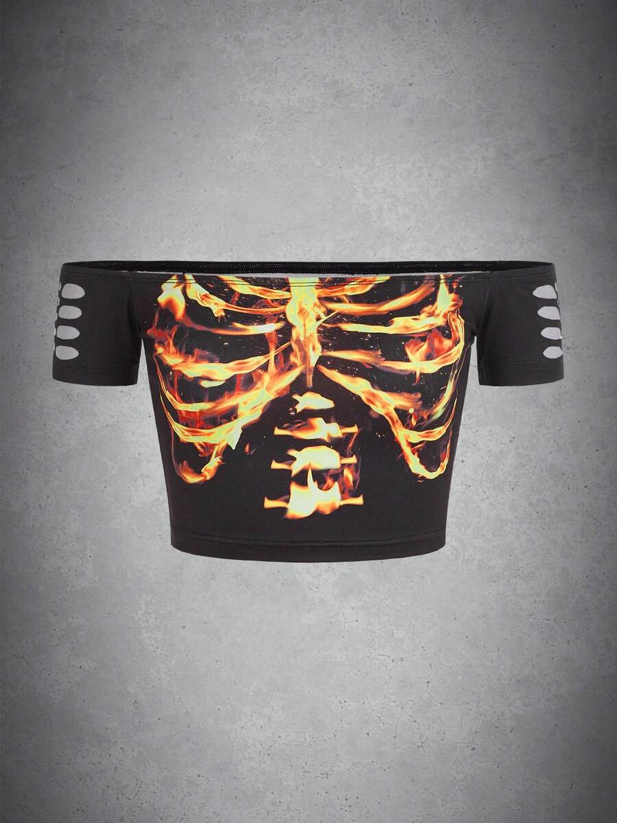 ROMWE PUNK Camiseta crop estampado de esqueleto de hombros descubiertos - Negro - Ver 1