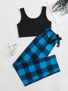 Tank Top & Buffalo Plaid Bow Detail Trousers PJ Set - Multicolor - View 1