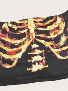 ROMWE PUNK Camiseta crop estampado de esqueleto de hombros descubiertos - Negro - Ver 3