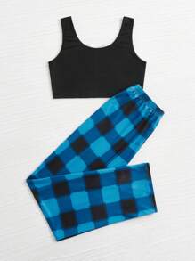 Tank Top & Buffalo Plaid Bow Detail Trousers PJ Set - Multicolor - View 2