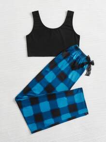 Tank Top & Buffalo Plaid Bow Detail Trousers PJ Set - Multicolor - View 5