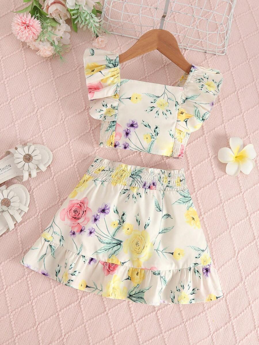 SHEIN Fetă tânără cu imprimeu floral cu volane și fusta cu tiv cu volan