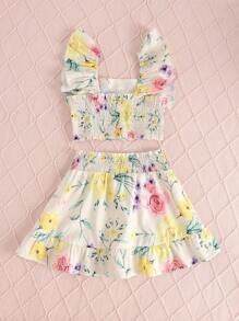 SHEIN Fetă tânără cu imprimeu floral cu volane și fusta cu tiv cu volan