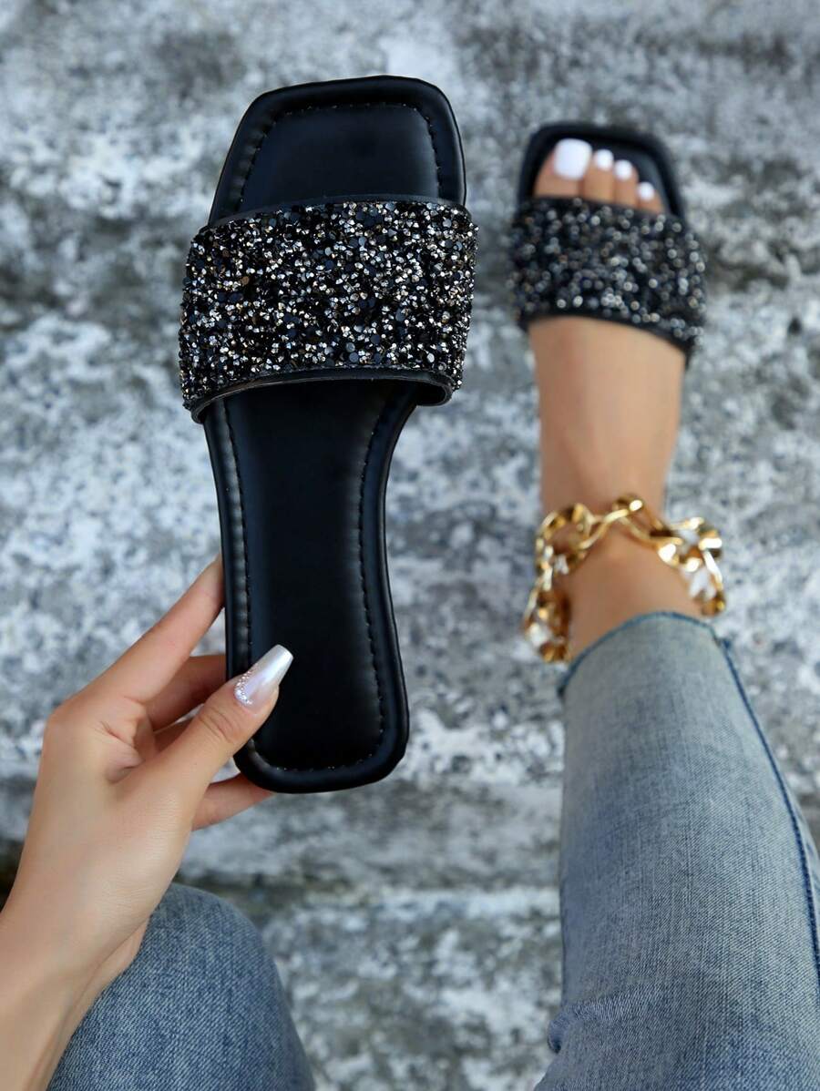 女士水鑽裝飾平底魅力四射玻璃涼拖 - 黑色 - 查看 1