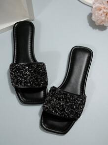 女士水鑽裝飾平底魅力四射玻璃涼拖 - 黑色 - 查看 4