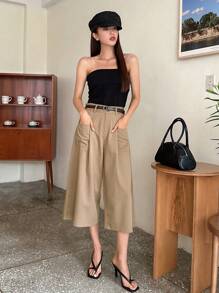 DAZY Pantalones de pierna ancha de 7/8 de largo de unicolor, estilo casual elegante
