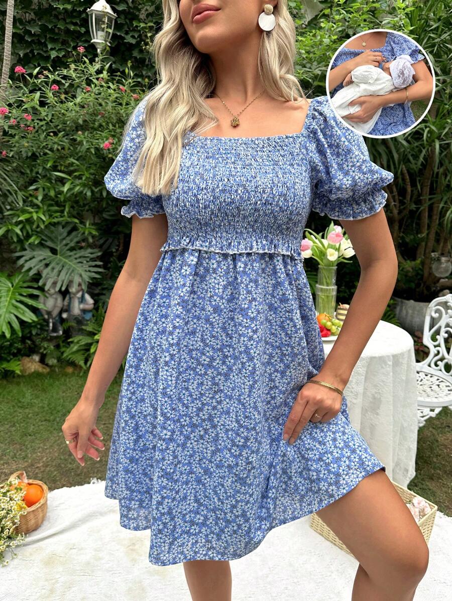 SHEIN 孕婦1入組碎花泡泡袖哺乳洋裝