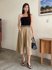 DAZY Pantalones de pierna ancha de 7/8 de largo de unicolor, estilo casual elegante