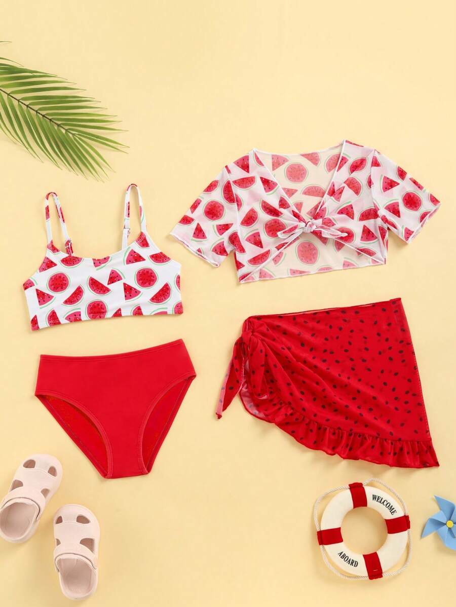 SHEIN Young Girl Watermelon Print Bikini Set With Cover Up Set Summer Beach - Red and White - View 1