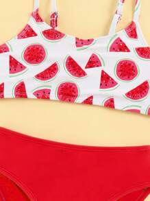 SHEIN Young Girl Watermelon Print Bikini Set With Cover Up Set Summer Beach - Red and White - View 3
