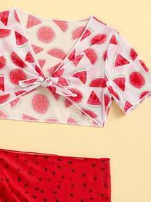 SHEIN Young Girl Watermelon Print Bikini Set With Cover Up Set Summer Beach - Red and White - View 4
