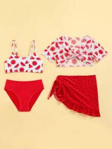 SHEIN Young Girl Watermelon Print Bikini Set With Cover Up Set Summer Beach - Red and White - View 5