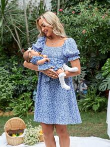 SHEIN 孕婦1入組碎花泡泡袖哺乳洋裝