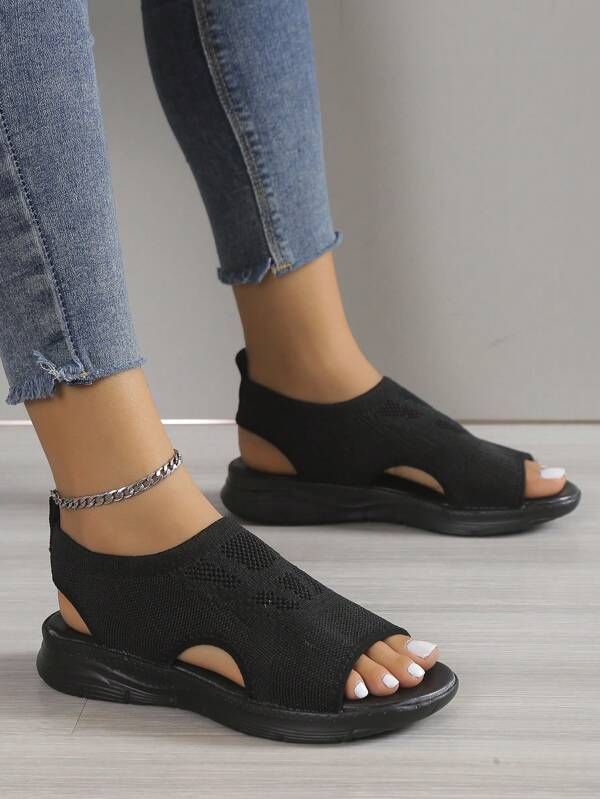 Women Minimalist Cut Out Sports Sandals, Sporty Black Polyester Sport