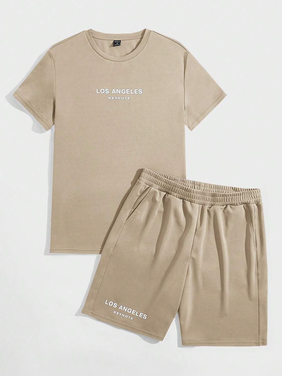 GENTILAND 男士字母圖案T恤和短褲 - 卡其色 - 查看 1