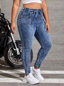 CovetEZ Jeans ajustados de cintura con cordón - Azul lavado medio - Ver 1