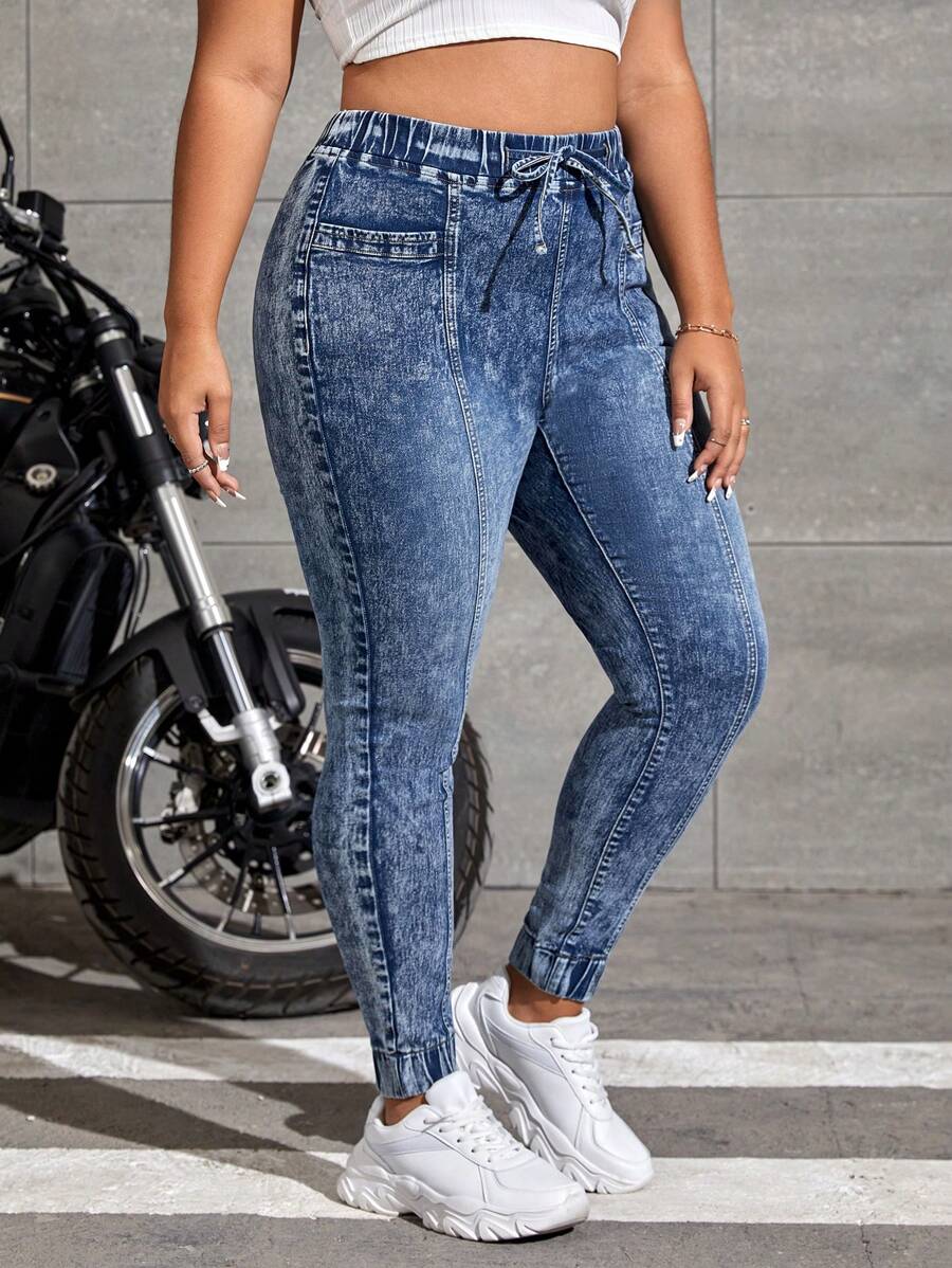 CovetEZ Jeans ajustados de cintura con cordón - Azul lavado medio - Ver 1