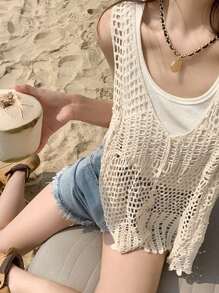 DAZY Top tank unicolor bajo asimétrico de croché - Beis - Ver 1