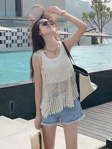 DAZY Top tank unicolor bajo asimétrico de croché - Beis - Ver 3