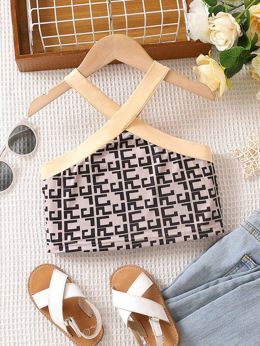 SHEIN Girls Allover Print Contrast Binding Halter Top - Mocha Brown - View 1