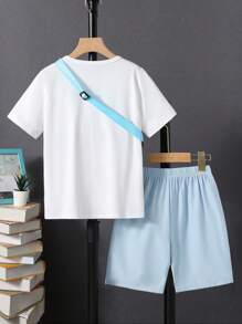 SHEIN Tween Boy 3pcs Solid Tee & Cartoon Graphic Shorts & Bag Set - Blue and White - View 2
