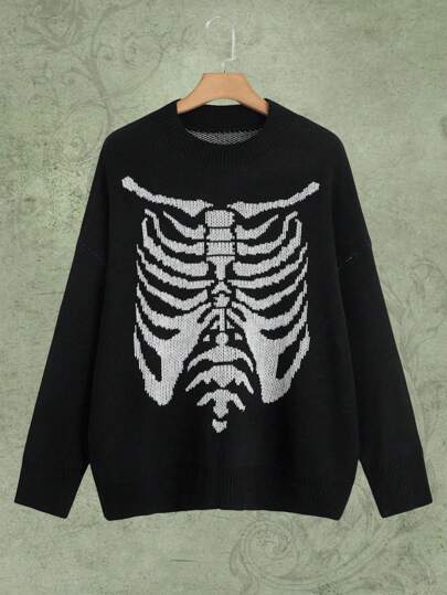 Goth Plus Skeleton Pattern Drop Shoulder Sweater