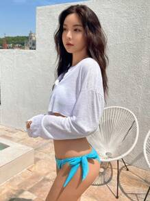 DAZY 纯色纽扣前开襟罩衫，夏季薄纱，沙滩度假女装 - 白色 - 查看 2