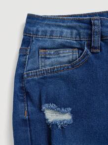 SHEIN Chicas adolescentes Jeans de pierna amplia desgarro - Azul lavado medio - Ver 4