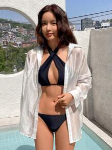 DAZY Solid Tie Backless Drop Shoulder Kimono For Summer Beach Vacation Sheer - White - View 4