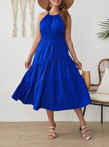 SHEIN VCAY Plus Solid Ruffle Hem Halter Dress - Blue - View 3